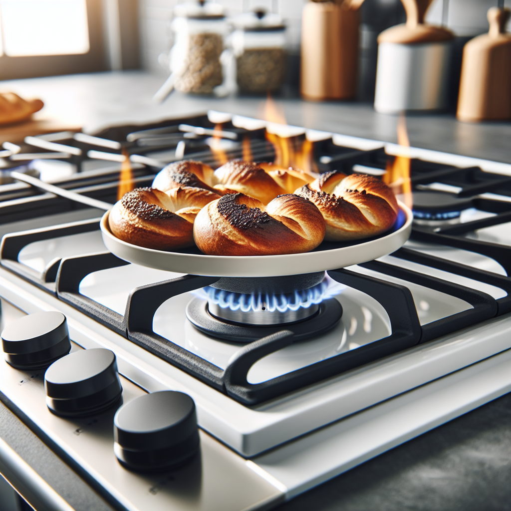 Nærbilde av en moderne gassovn i et lyst, profesjonelt kjøkkenmiljø med flamme og bakt brød på en rist