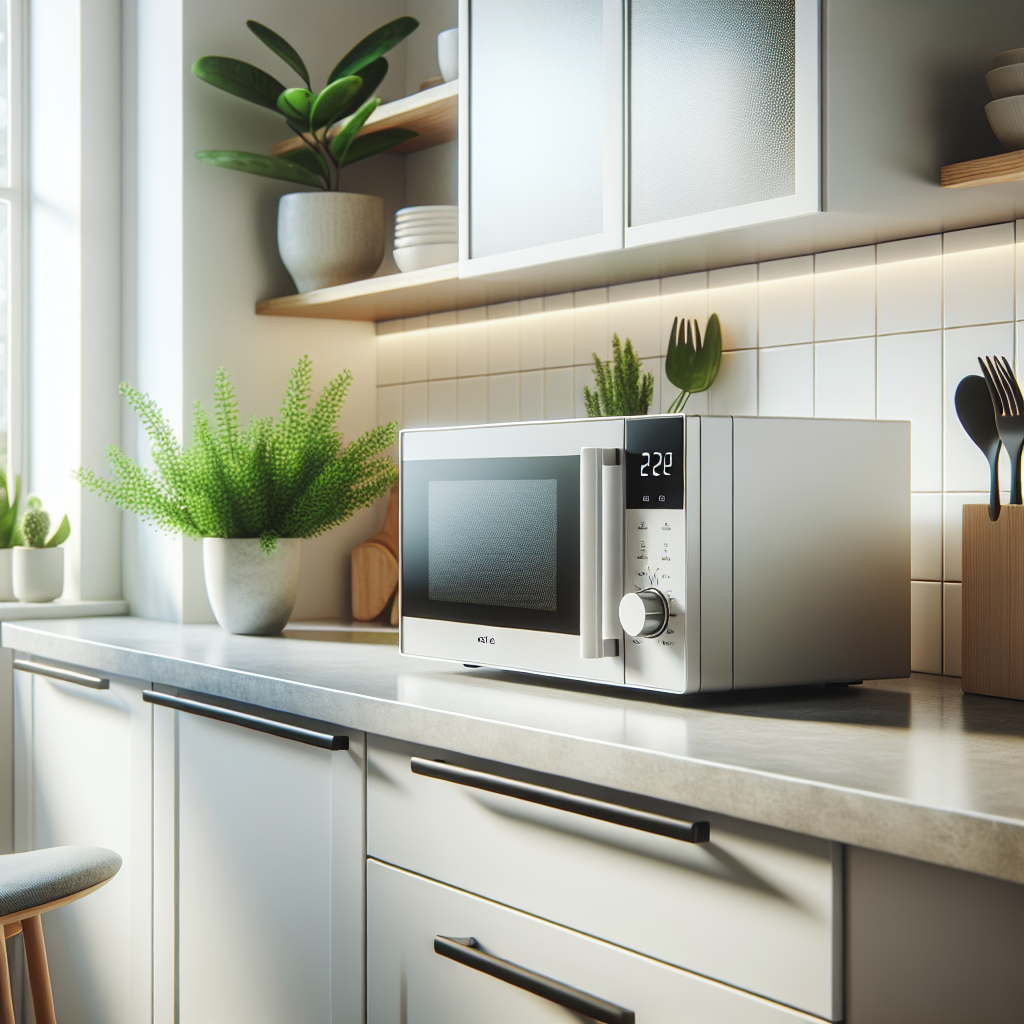 En moderne solo mikrobølgeovn på kjøkkenbenken i et kompakt, lyst skandinavisk kjøkken, med rene linjer og grønne planter i bakgrunnen